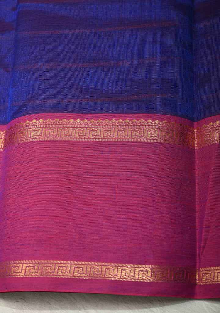 Medium Sea Blue Kanchi Silk Cotton Handloom Saree Mayil With Thread Stripes and Wide Zari Border