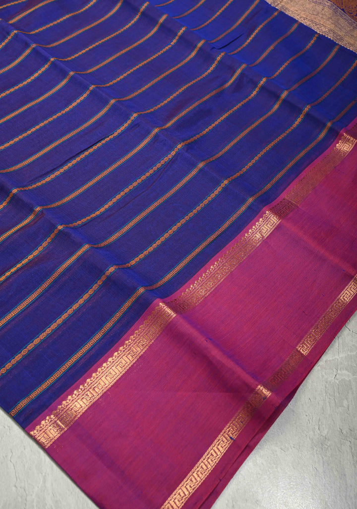 Medium Sea Blue Kanchi Silk Cotton Handloom Saree Mayil With Thread Stripes and Wide Zari Border