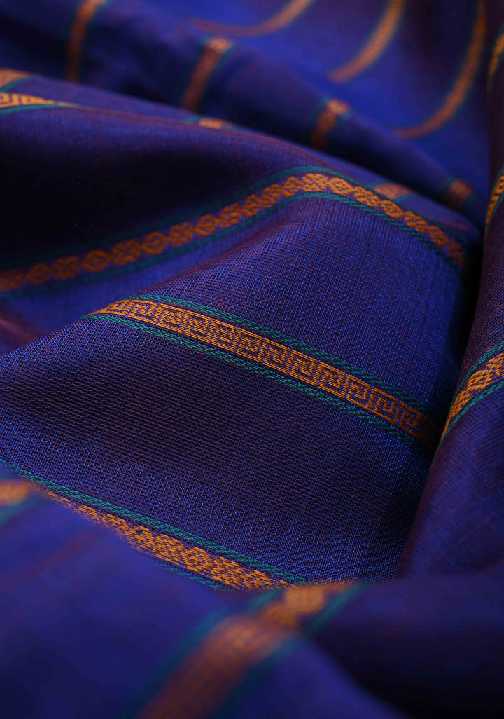 Medium Sea Blue Kanchi Silk Cotton Handloom Saree Mayil With Thread Stripes and Wide Zari Border