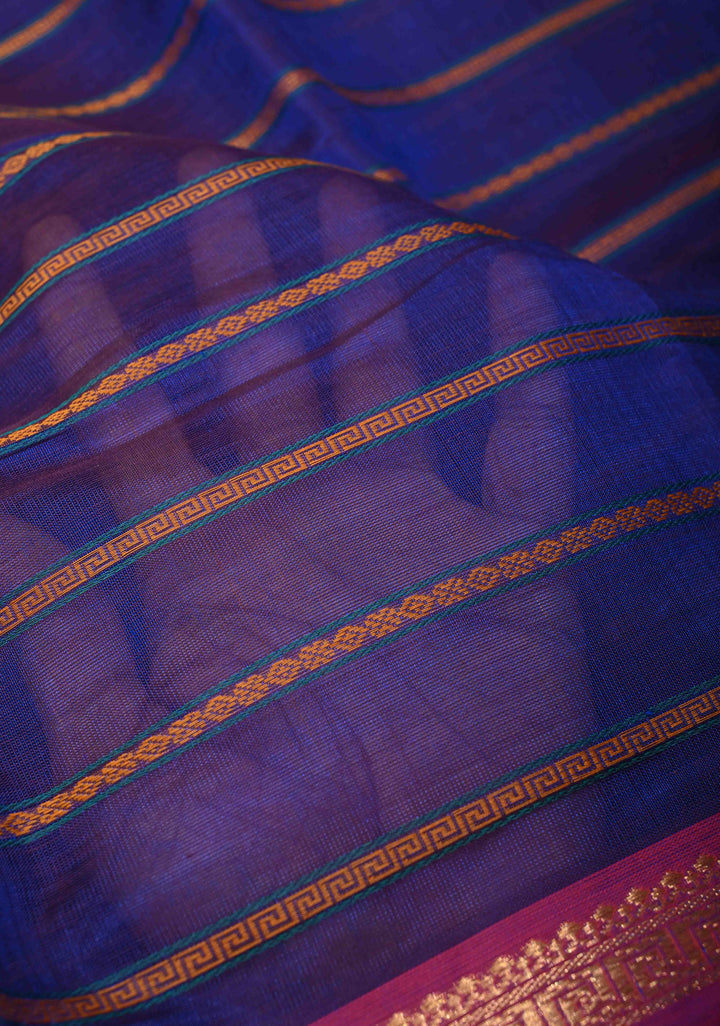 Medium Sea Blue Kanchi Silk Cotton Handloom Saree Mayil With Thread Stripes and Wide Zari Border