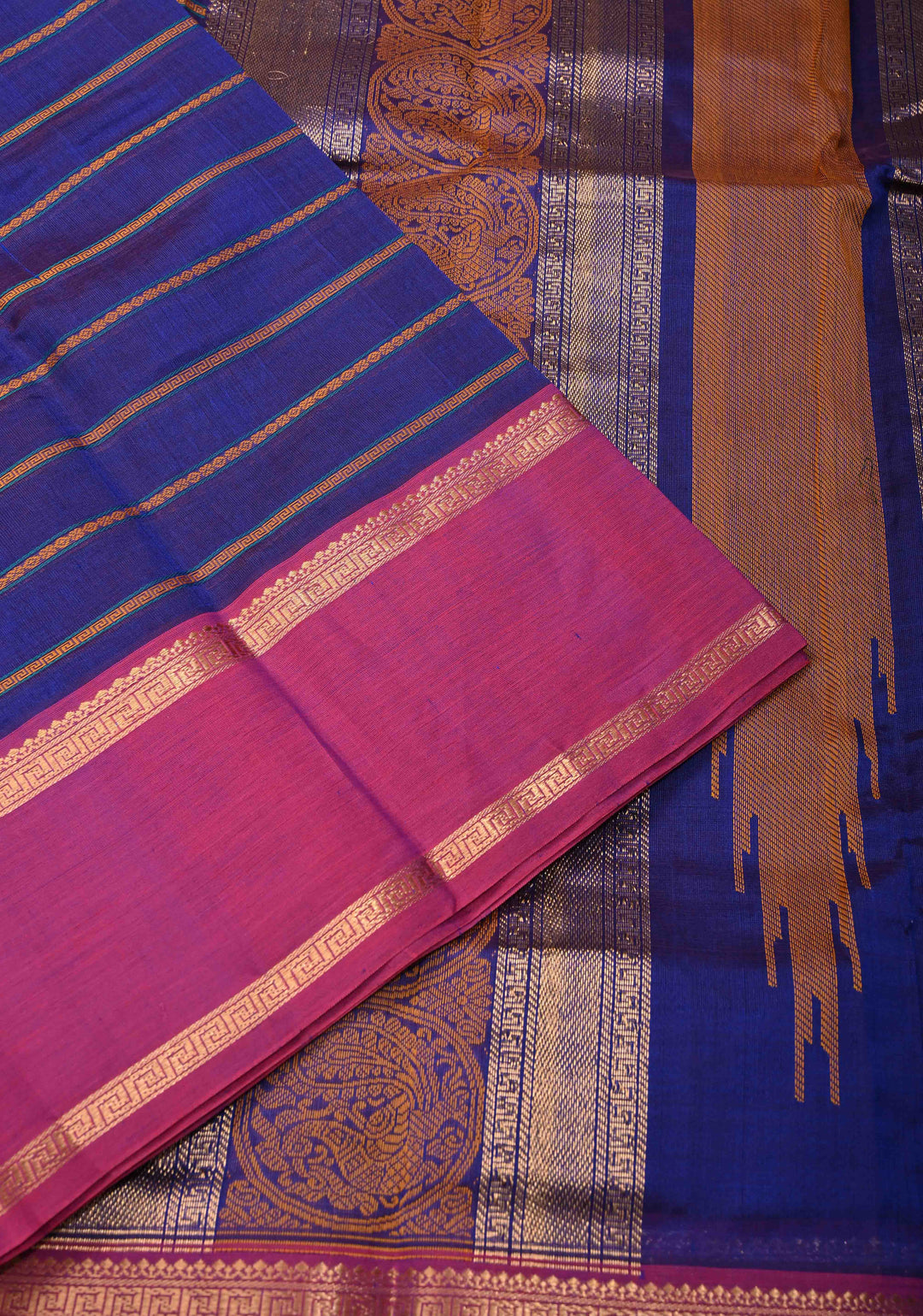 Medium Sea Blue Kanchi Silk Cotton Handloom Saree Mayil With Thread Stripes and Wide Zari Border