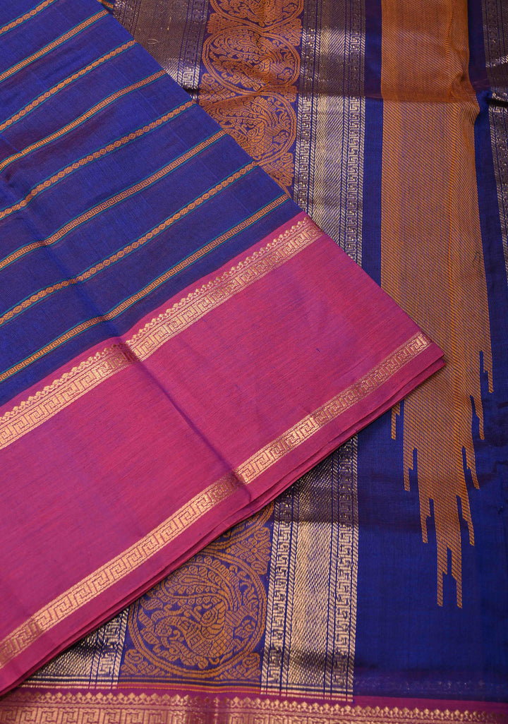 Medium Sea Blue Kanchi Silk Cotton Handloom Saree Mayil With Thread Stripes and Wide Zari Border