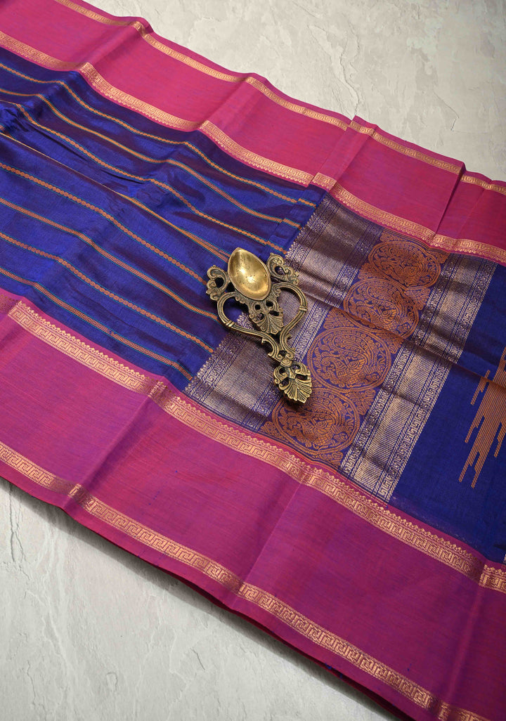 Medium Sea Blue Kanchi Silk Cotton Handloom Saree Mayil With Thread Stripes and Wide Zari Border