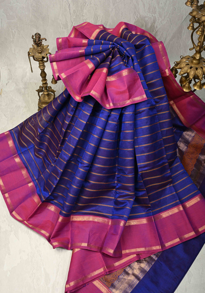 Medium Sea Blue Kanchi Silk Cotton Handloom Saree Mayil With Thread Stripes and Wide Zari Border