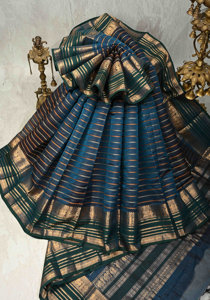 Blue Veldhari Kanchi Silk Cotton Handloom Saree Meghamalhar