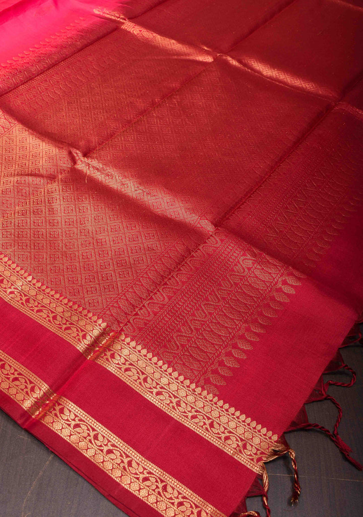 Coral Pink Kanjivaram Soft Silk Saree with Maroon Contrast and Zari Detailing   | SILK MARK CERTIFIED