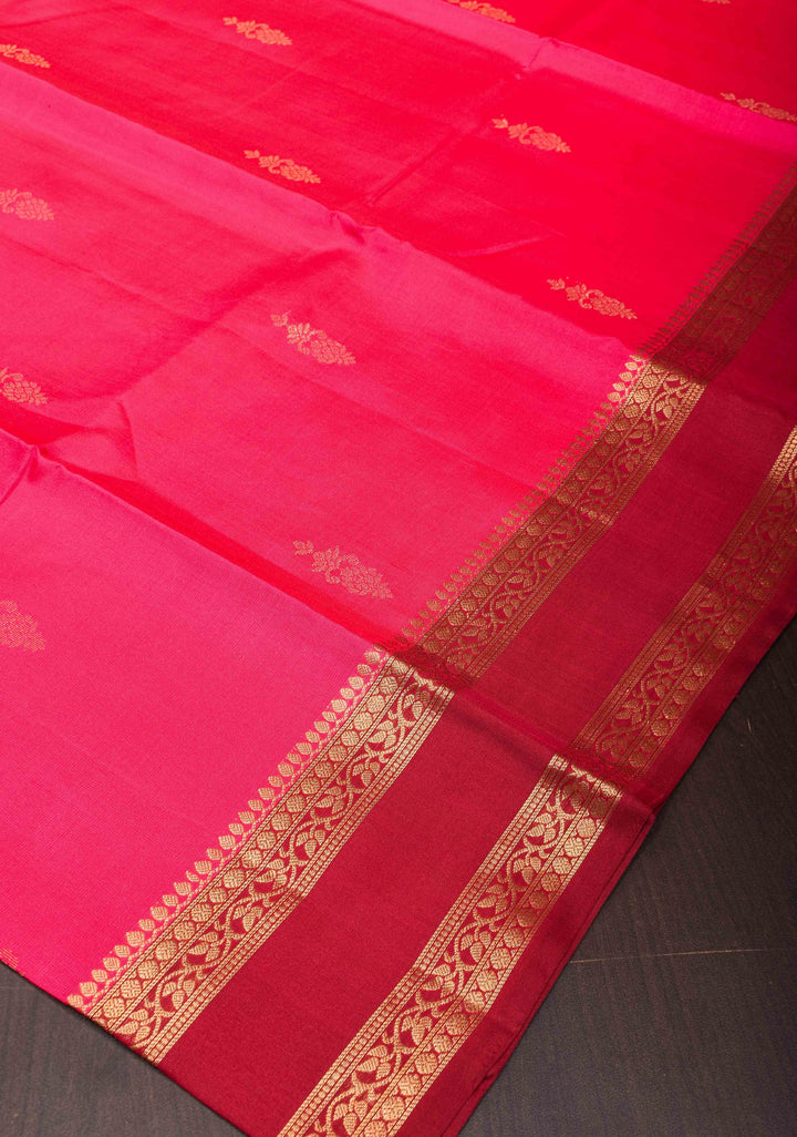 Coral Pink Kanjivaram Soft Silk Saree with Maroon Contrast and Zari Detailing   | SILK MARK CERTIFIED