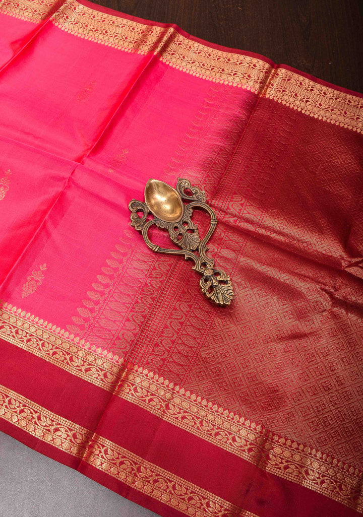 Coral Pink Kanjivaram Soft Silk Saree with Maroon Contrast and Zari Detailing   | SILK MARK CERTIFIED