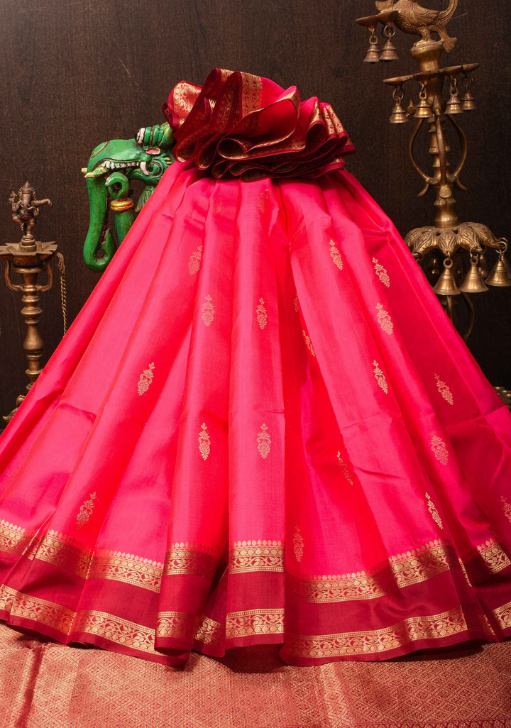 Coral Pink Kanjivaram Soft Silk Saree with Maroon Contrast and Zari Detailing   | SILK MARK CERTIFIED