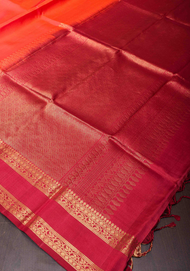Sunrise Orange Pure Kanjivaram Soft Silk Saree with Maroon Borders | SILK MARK CERTIFIED