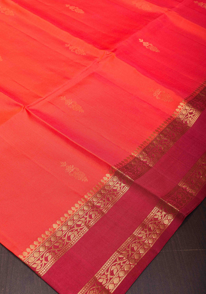 Sunrise Orange Pure Kanjivaram Soft Silk Saree with Maroon Borders | SILK MARK CERTIFIED