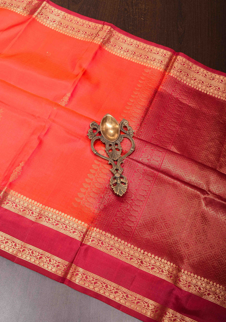 Sunrise Orange Pure Kanjivaram Soft Silk Saree with Maroon Borders | SILK MARK CERTIFIED