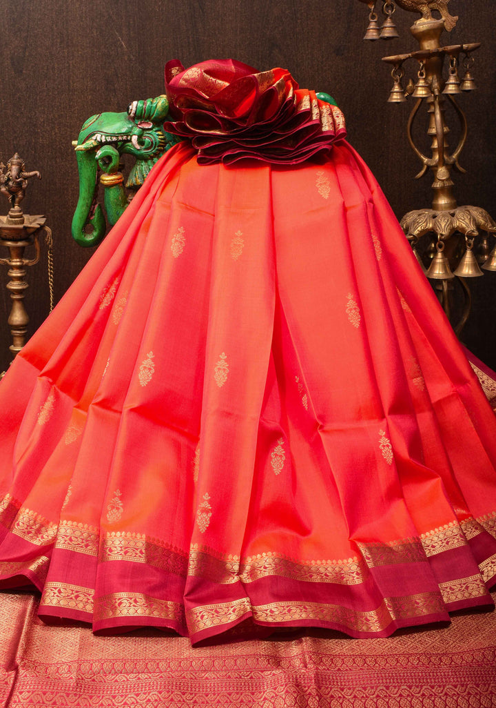 Sunrise Orange Pure Kanjivaram Soft Silk Saree with Maroon Borders | SILK MARK CERTIFIED