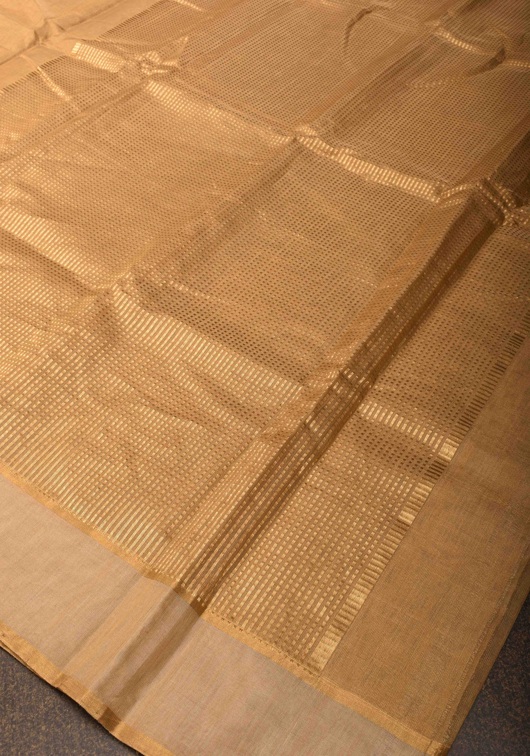 Golden Chanderi Silk Cotton Saree With  Zari Stripes Border