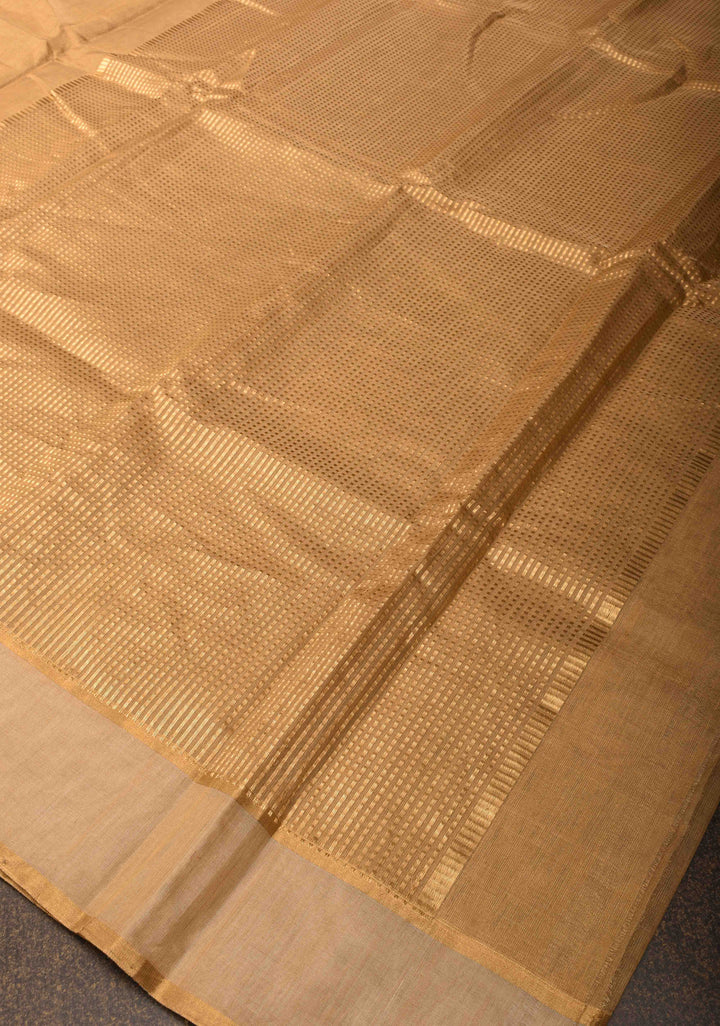 Golden Chanderi Silk Cotton Saree With  Zari Stripes Border