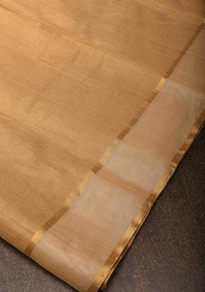 Golden Chanderi Silk Cotton Saree With  Zari Stripes Border
