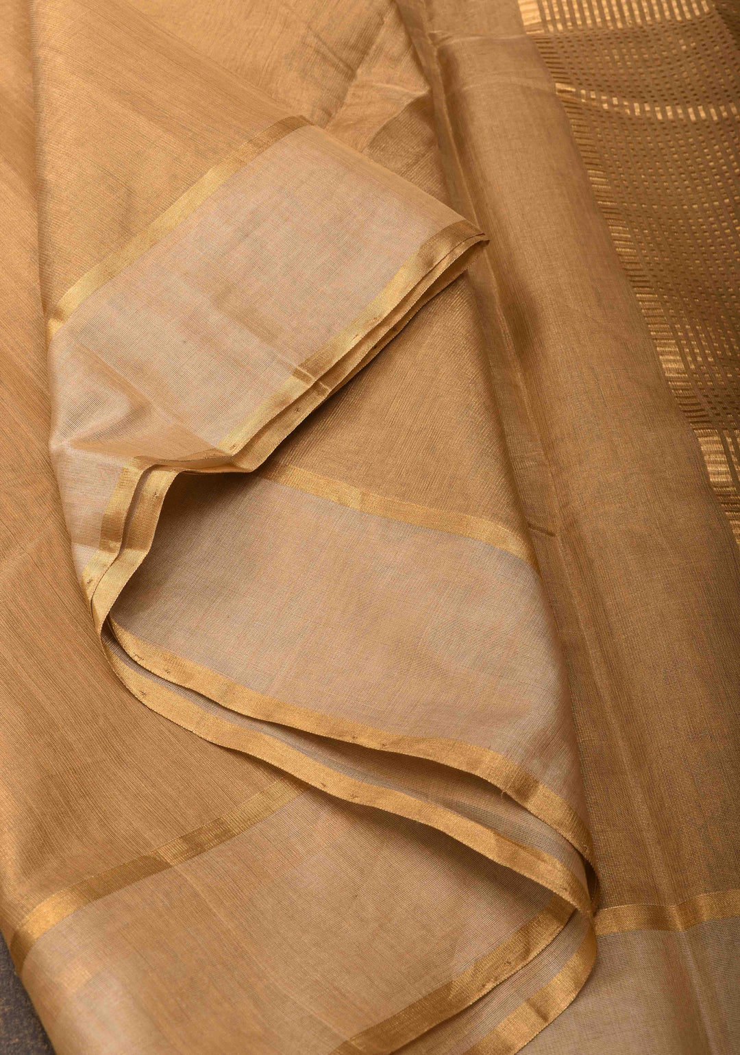 Golden Chanderi Silk Cotton Saree With  Zari Stripes Border
