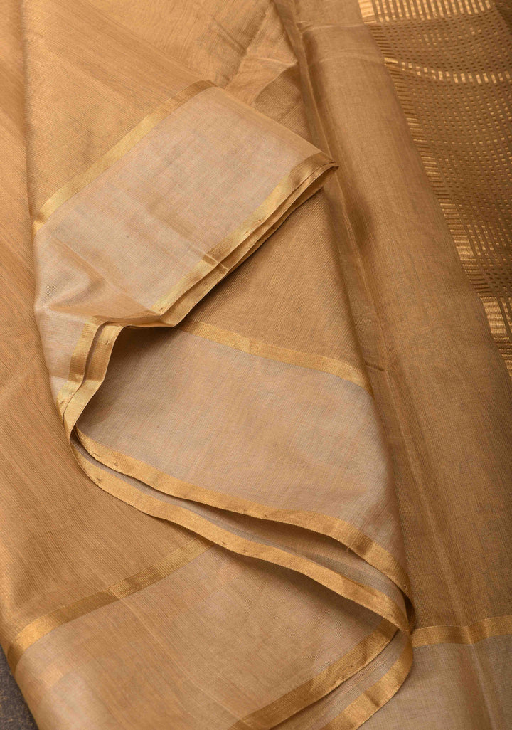Golden Chanderi Silk Cotton Saree With  Zari Stripes Border