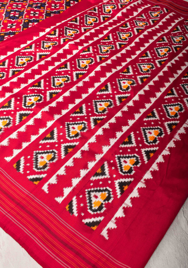 Red Pochampally Ikkat Silk Saree with Geometric pattern and Border  | SILK MARK CERTIFIED