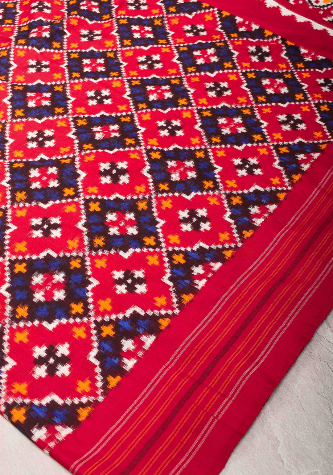 Red Pochampally Ikkat Silk Saree with Geometric pattern and Border  | SILK MARK CERTIFIED
