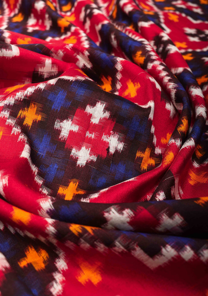 Red Pochampally Ikkat Silk Saree with Geometric pattern and Border  | SILK MARK CERTIFIED