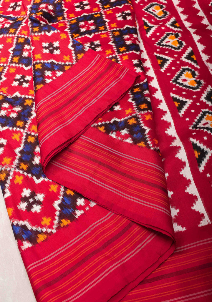 Red Pochampally Ikkat Silk Saree with Geometric pattern and Border  | SILK MARK CERTIFIED