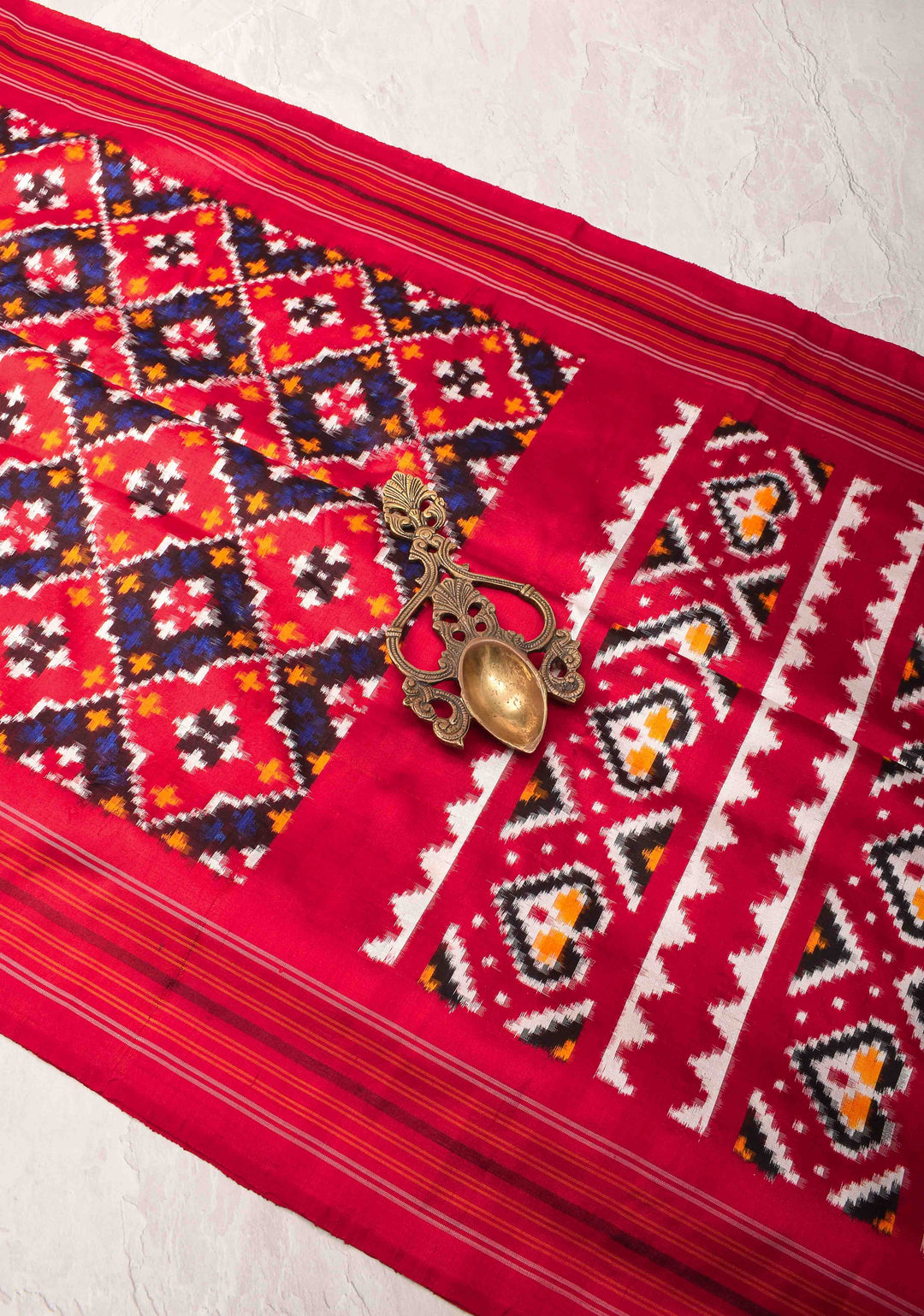 Red Pochampally Ikkat Silk Saree with Geometric pattern and Border  | SILK MARK CERTIFIED