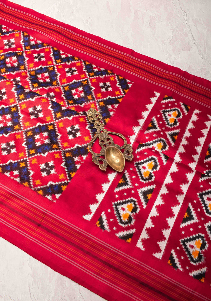 Red Pochampally Ikkat Silk Saree with Geometric pattern and Border  | SILK MARK CERTIFIED