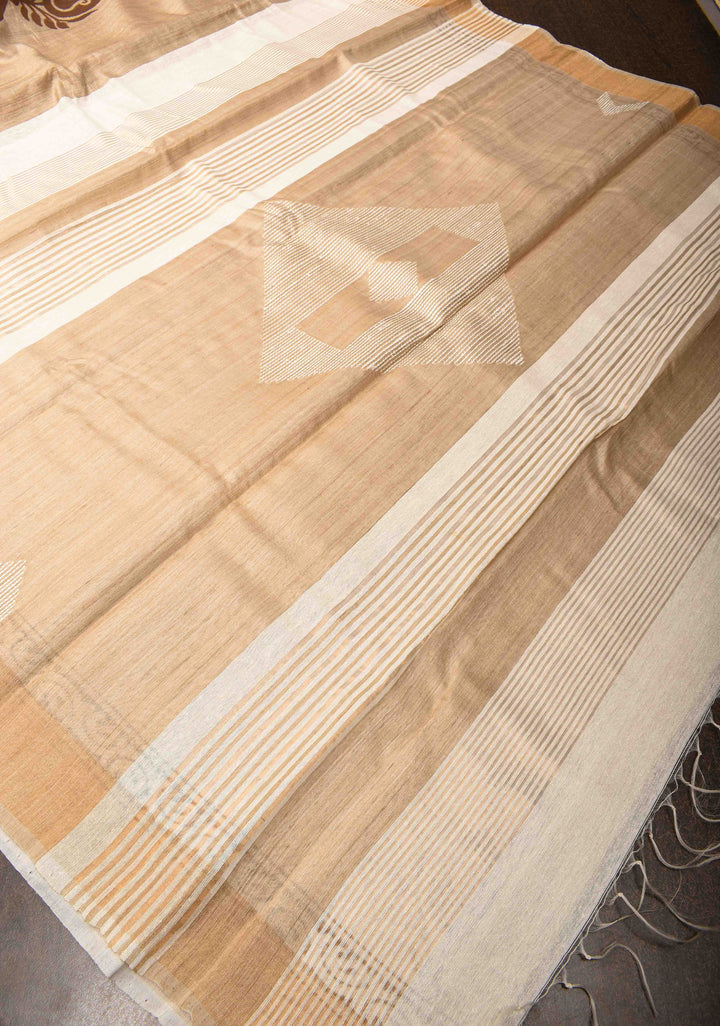 Bhagalpuri Tussar Silk Saree with Zari Border and Paisley Hand Block print Motifs | SILK MARK CERTIFIED