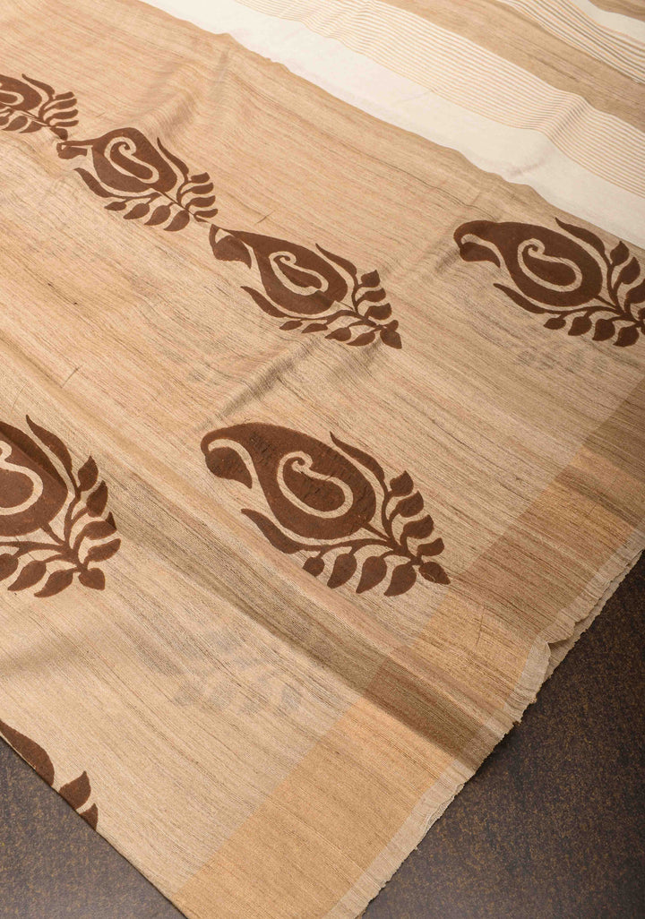 Bhagalpuri Tussar Silk Saree with Zari Border and Paisley Hand Block print Motifs | SILK MARK CERTIFIED