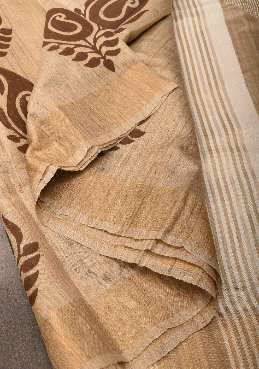 Bhagalpuri Tussar Silk Saree with Zari Border and Paisley Hand Block print Motifs | SILK MARK CERTIFIED