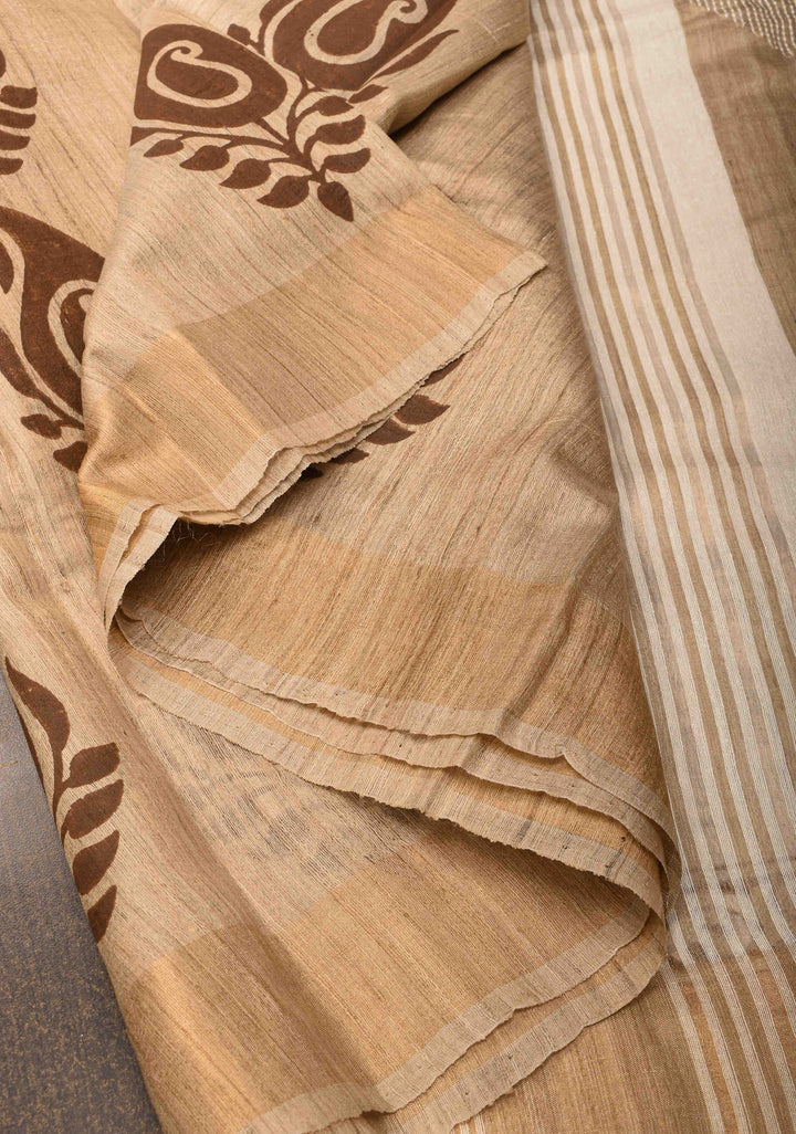 Bhagalpuri Tussar Silk Saree with Zari Border and Paisley Hand Block print Motifs | SILK MARK CERTIFIED