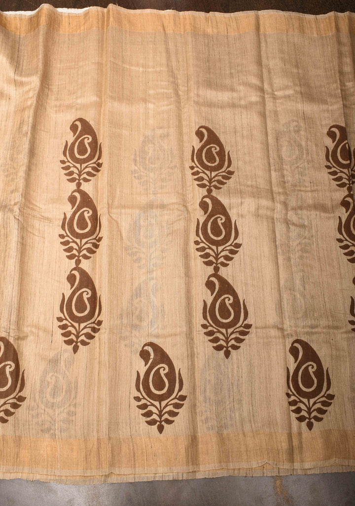 Bhagalpuri Tussar Silk Saree with Zari Border and Paisley Hand Block print Motifs | SILK MARK CERTIFIED