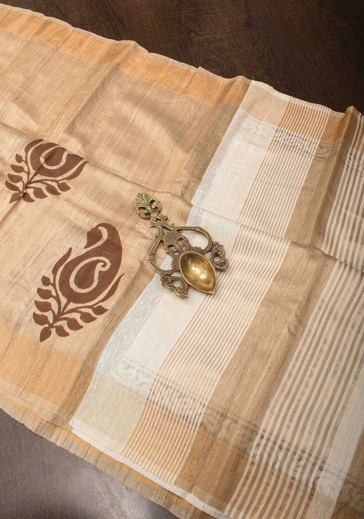 Bhagalpuri Tussar Silk Saree with Zari Border and Paisley Hand Block print Motifs | SILK MARK CERTIFIED