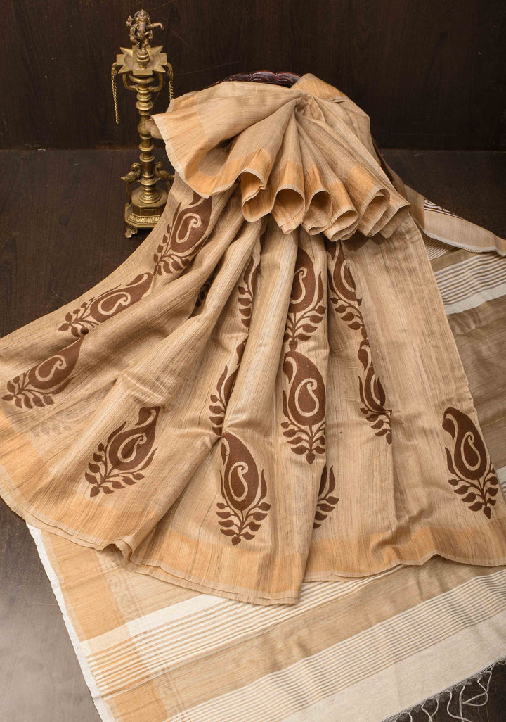 Bhagalpuri Tussar Silk Saree with Zari Border and Paisley Hand Block print Motifs | SILK MARK CERTIFIED