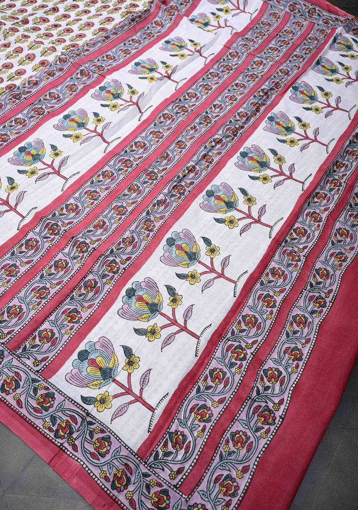 Sanganeri Hand block Printed Mul Cotton Saree in OffWhite with Pink