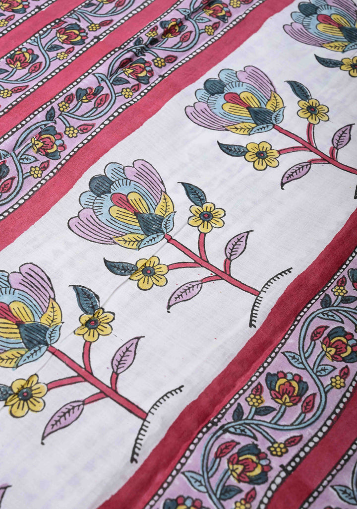 Sanganeri Hand block Printed Mul Cotton Saree in OffWhite with Pink