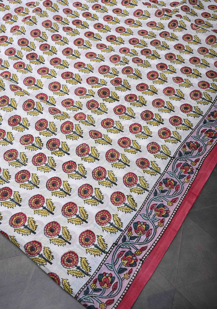 Sanganeri Hand block Printed Mul Cotton Saree in OffWhite with Pink
