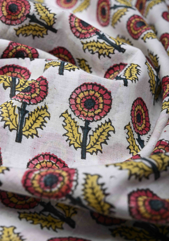 Sanganeri Hand block Printed Mul Cotton Saree in OffWhite with Pink
