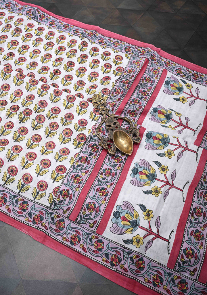 Sanganeri Hand block Printed Mul Cotton Saree in OffWhite with Pink
