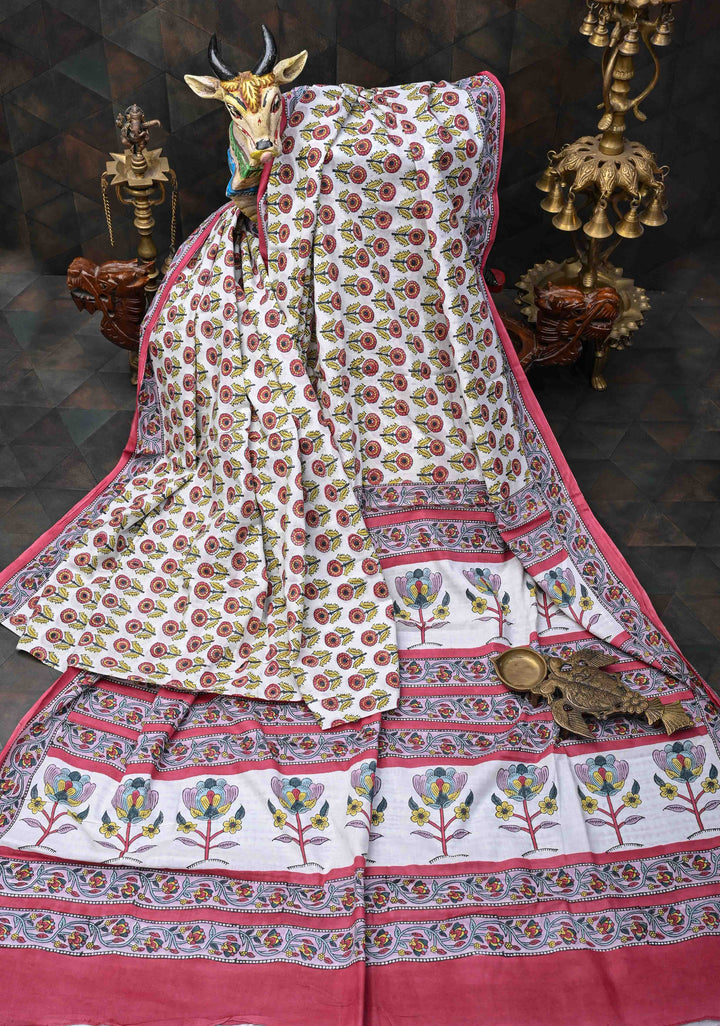 Sanganeri Hand block Printed Mul Cotton Saree in OffWhite with Pink