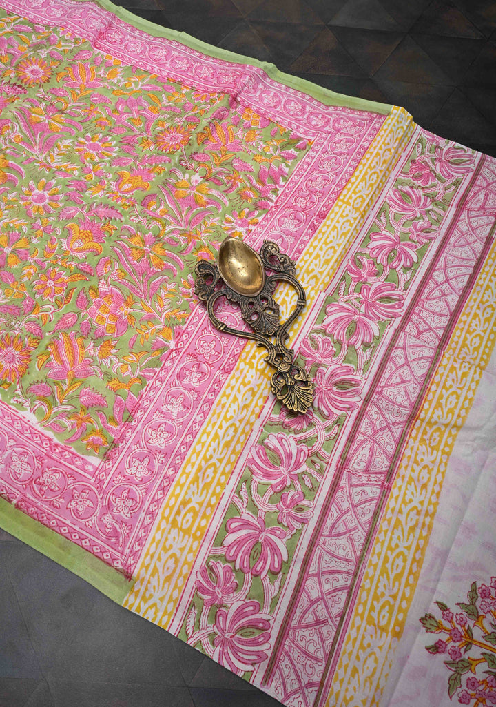 Pink And Green Floral Bagru Handblock Printed Mul Cotton Saree