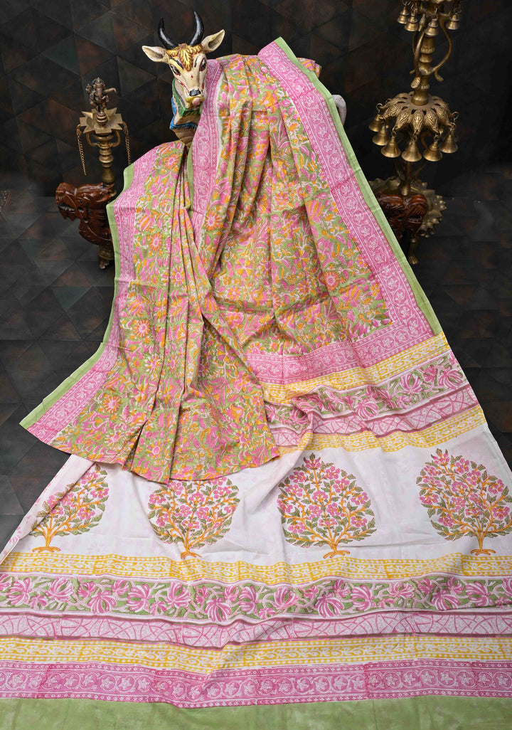Pink And Green Floral Bagru Handblock Printed Mul Cotton Saree