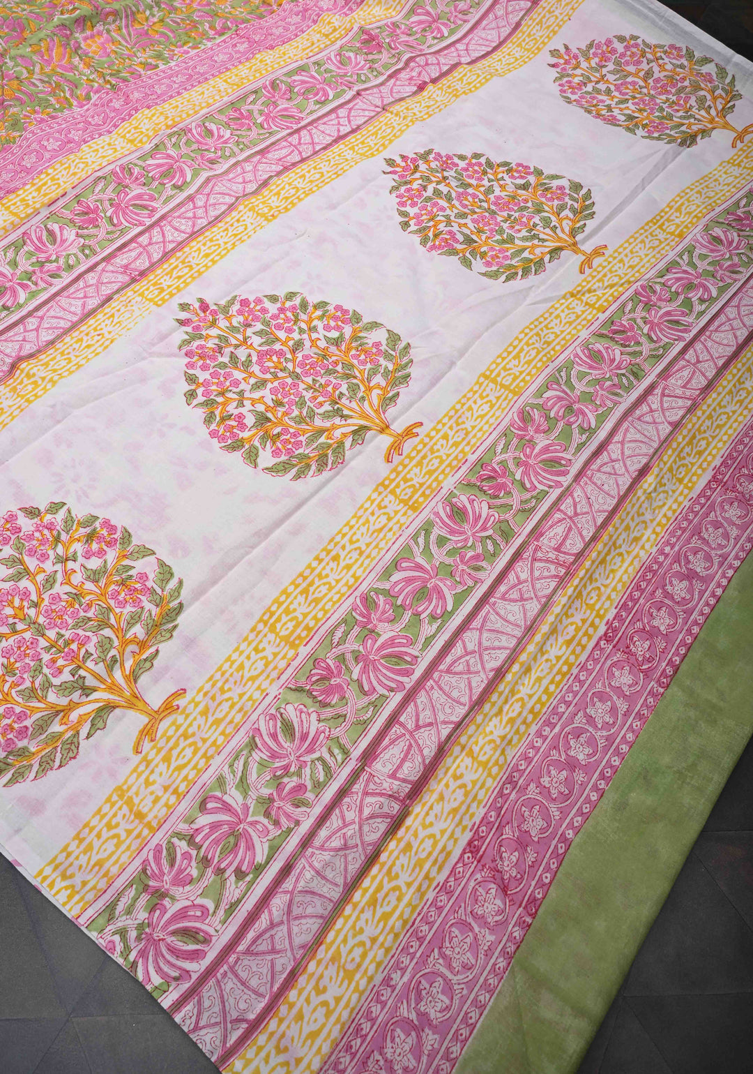 Pink And Green Floral Bagru Handblock Printed Mul Cotton Saree