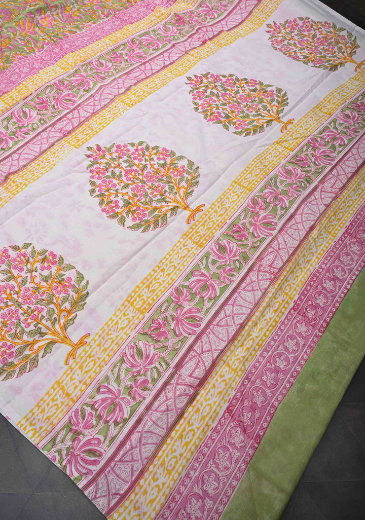 Pink And Green Floral Bagru Handblock Printed Mul Cotton Saree