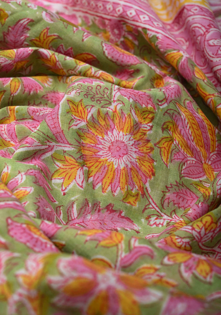 Pink And Green Floral Bagru Handblock Printed Mul Cotton Saree