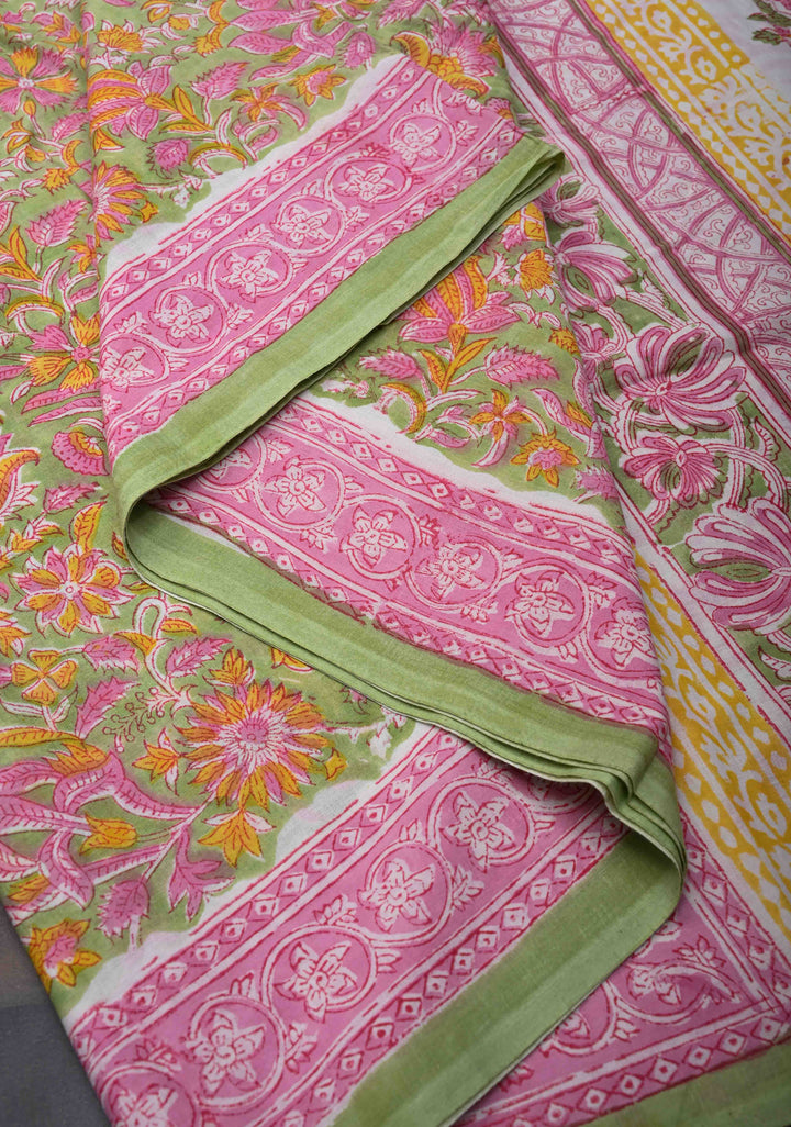 Pink And Green Floral Bagru Handblock Printed Mul Cotton Saree
