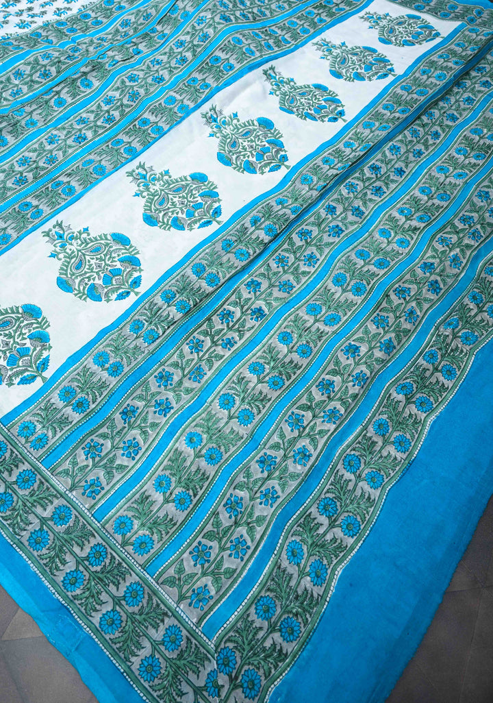 Sanganeri Hand block Printed Mul Cotton Saree in White with Blue