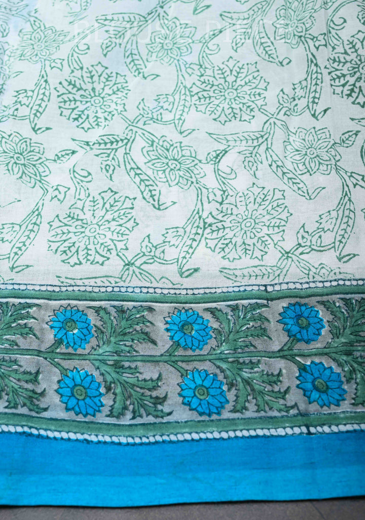 Sanganeri Hand block Printed Mul Cotton Saree in White with Blue