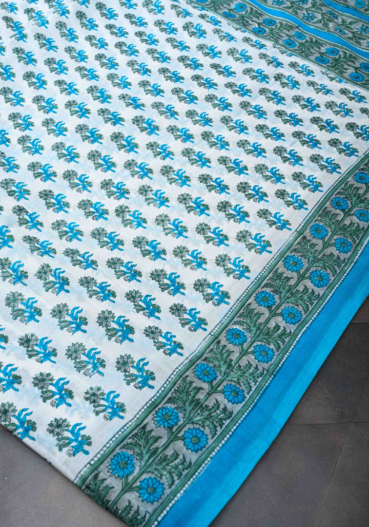 Sanganeri Hand block Printed Mul Cotton Saree in White with Blue